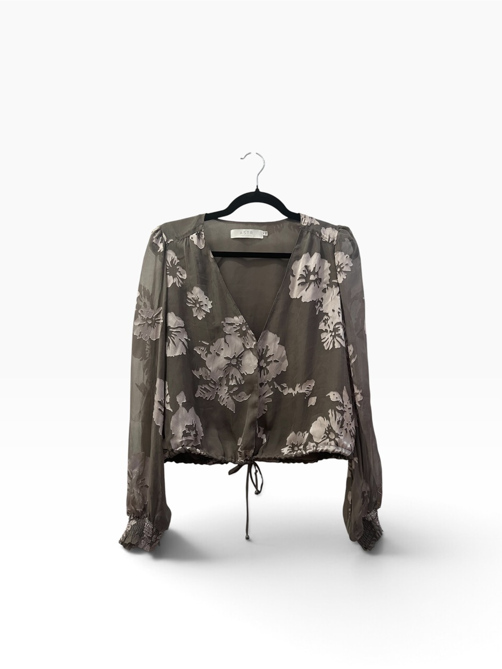Astr The Label Taupe Gray Sheer Burnout Floral Wrap Top Blouse M